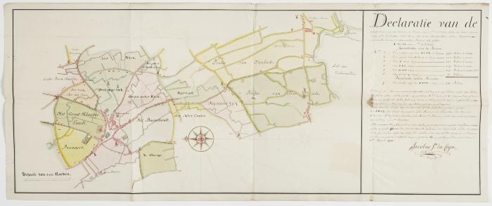 Figuratieve geaquarelleerde kaart van de kasseiwegen te Sint-Niklaas