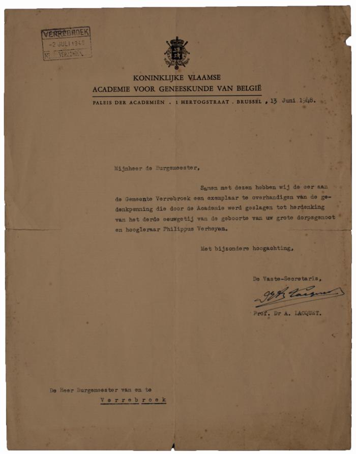 Brief van professor Lacquet van de KVAGB aan burgemeester Arthur Laureys van Verrebroek. 13 juni 1948