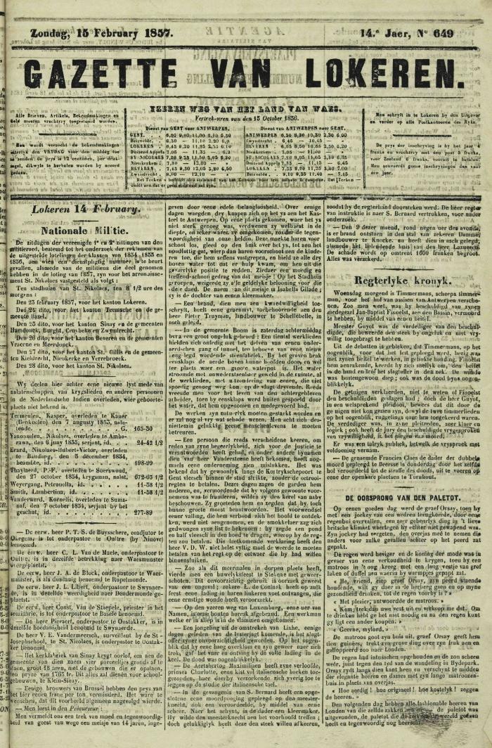 Gazette van Lokeren 15/02/1857
