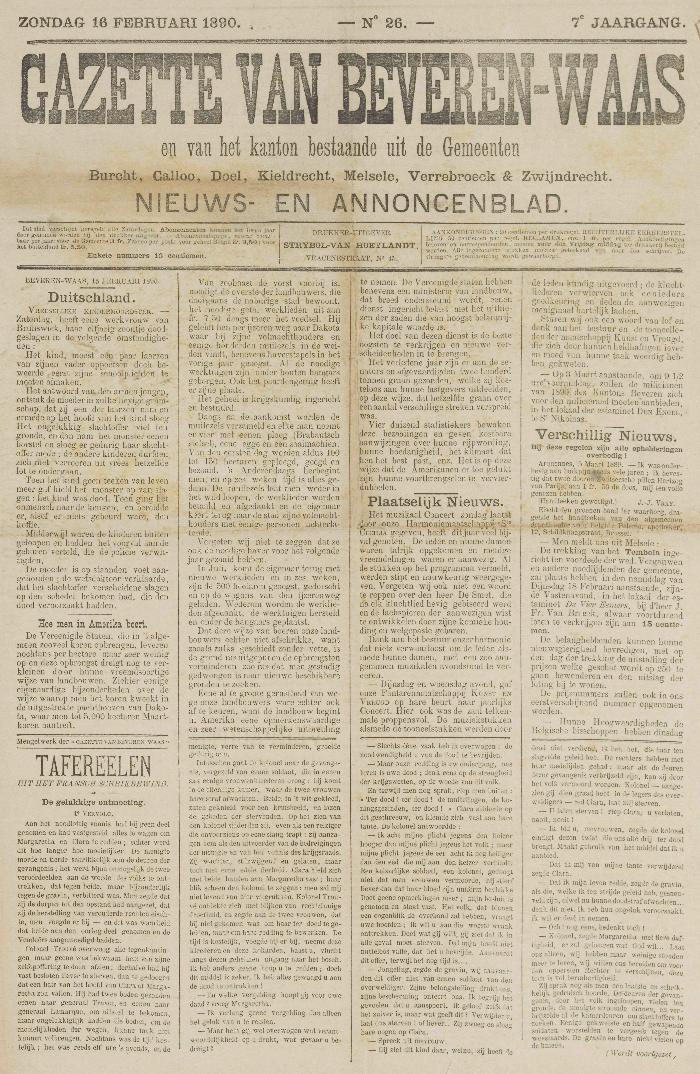 Gazette van Beveren-Waas 16/02/1890
