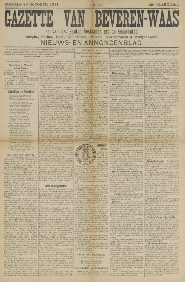 Gazette van Beveren-Waas 29/10/1911