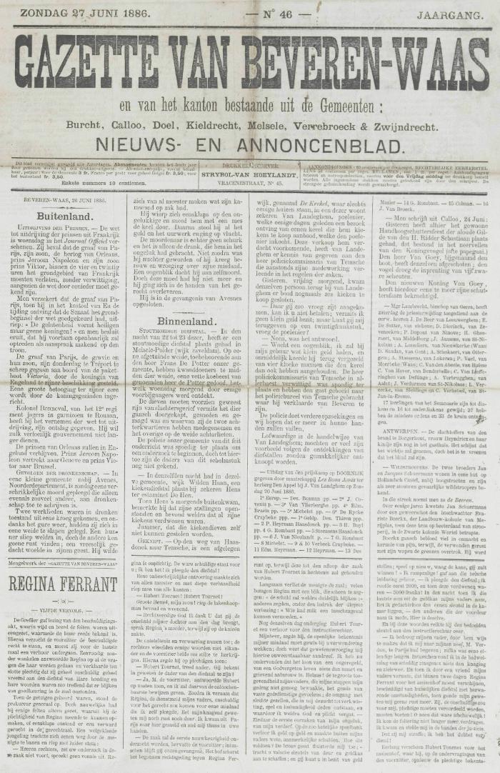 Gazette van Beveren-Waas 27/06/1886