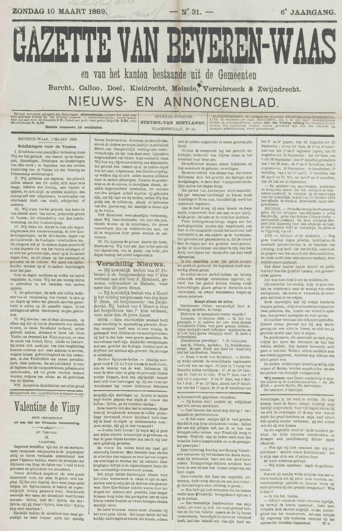 Gazette van Beveren-Waas 10/03/1889