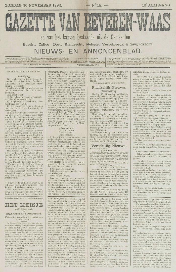 Gazette van Beveren-Waas 20/11/1892