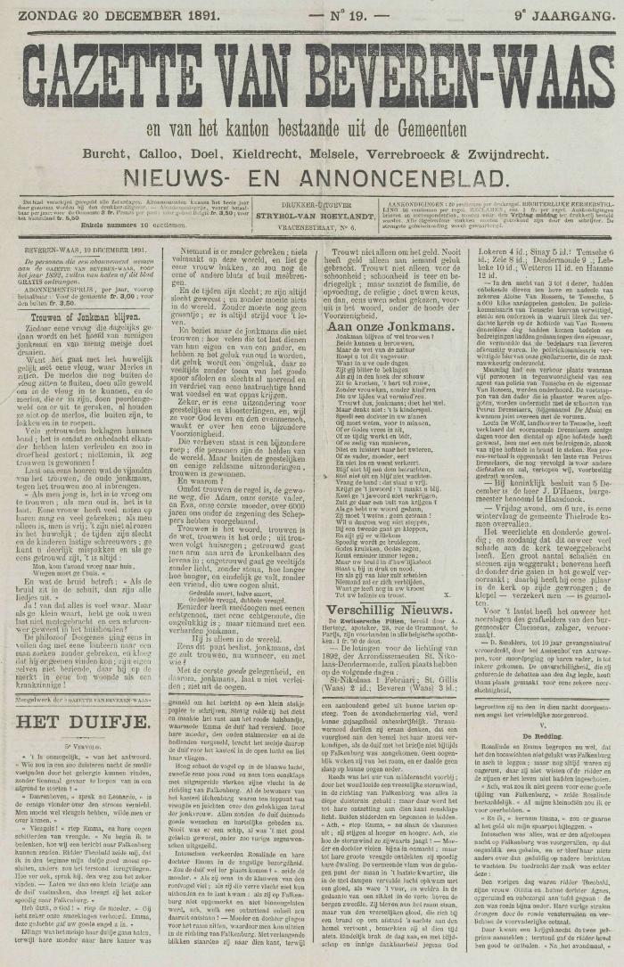 Gazette van Beveren-Waas 20/12/1891