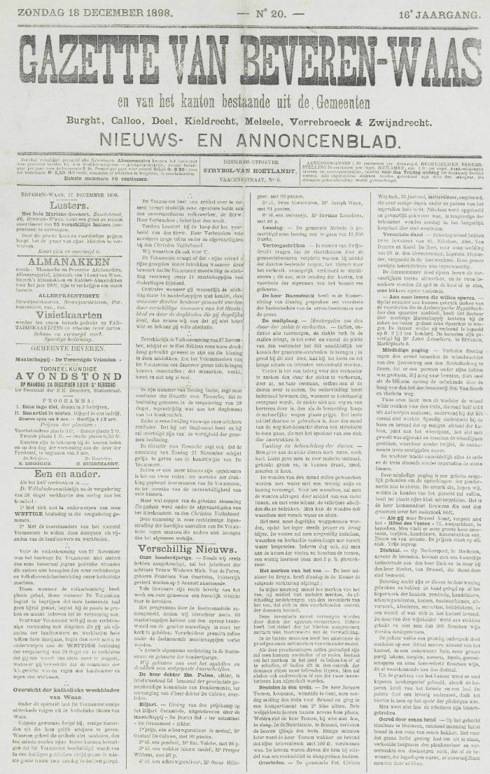 Gazette van Beveren-Waas 18/12/1898