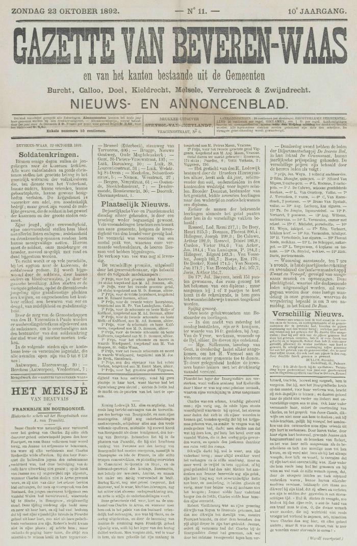 Gazette van Beveren-Waas 23/10/1892