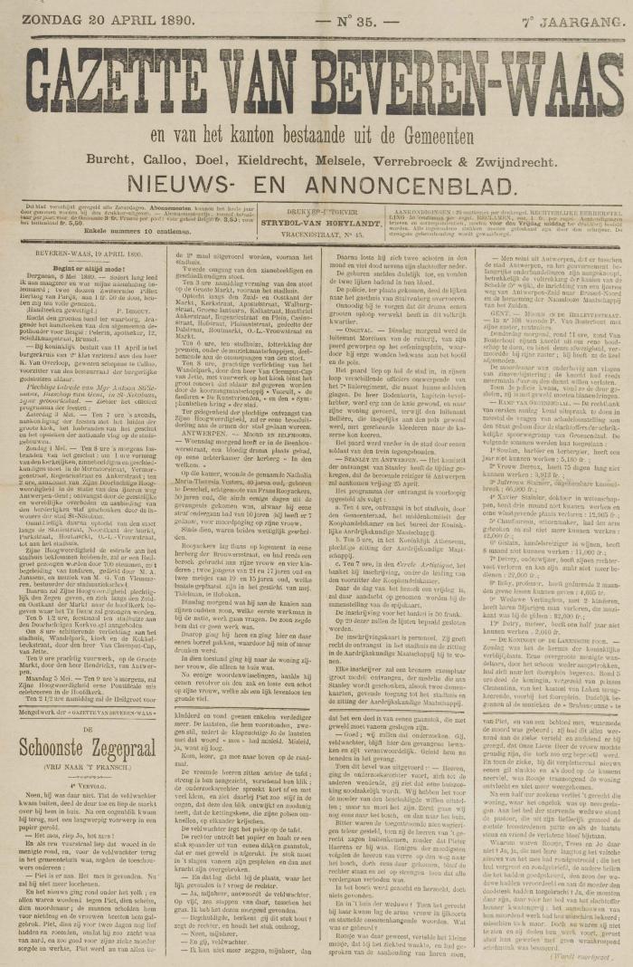 Gazette van Beveren-Waas 20/04/1890