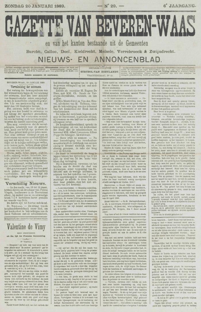 Gazette van Beveren-Waas 20/01/1889