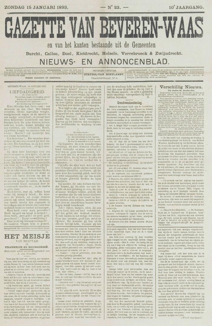 Gazette van Beveren-Waas 15/01/1893