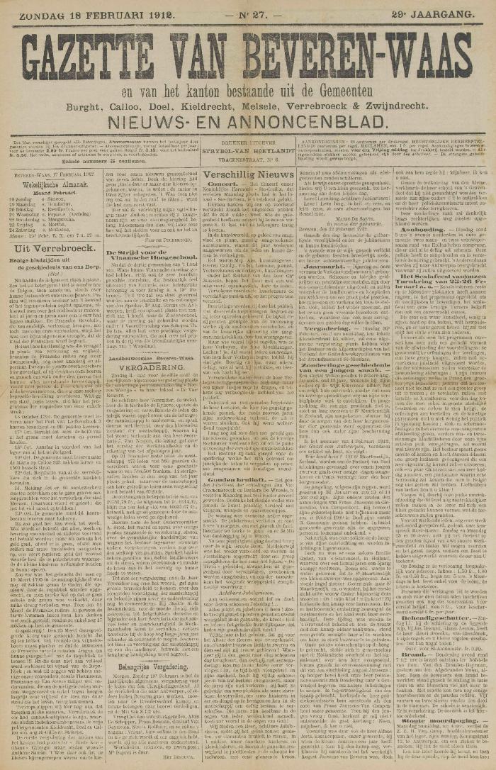 Gazette van Beveren-Waas 18/02/1912