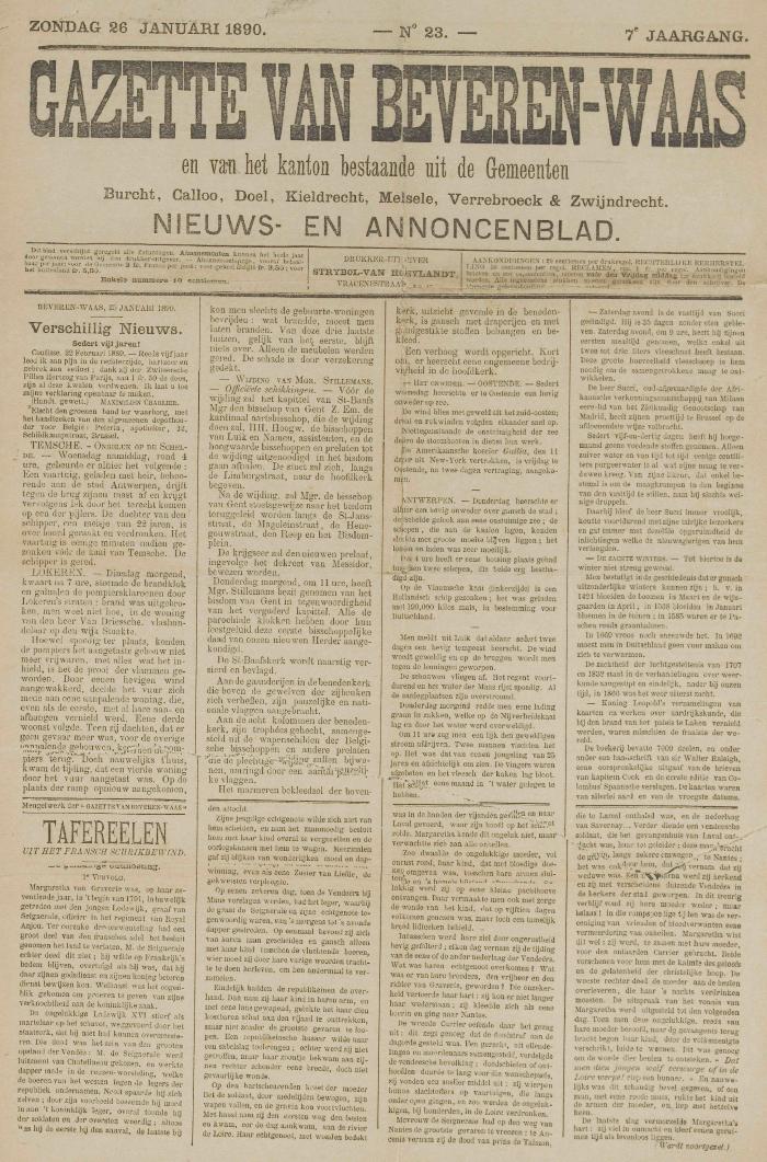 Gazette van Beveren-Waas 26/01/1890