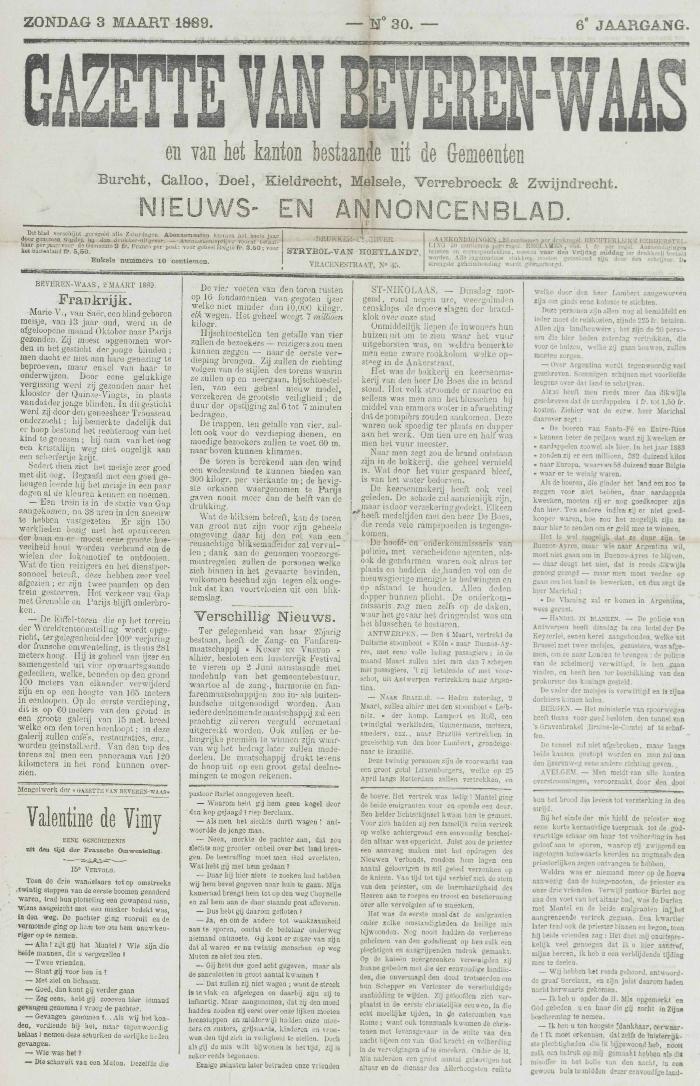 Gazette van Beveren-Waas 03/03/1889