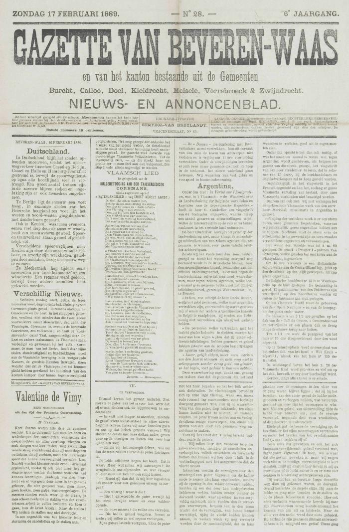 Gazette van Beveren-Waas 17/02/1889