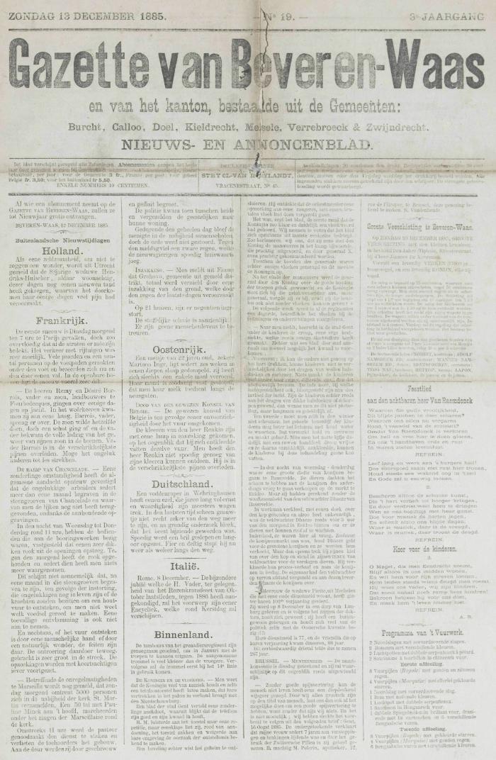 Gazette van Beveren-Waas 13/12/1885