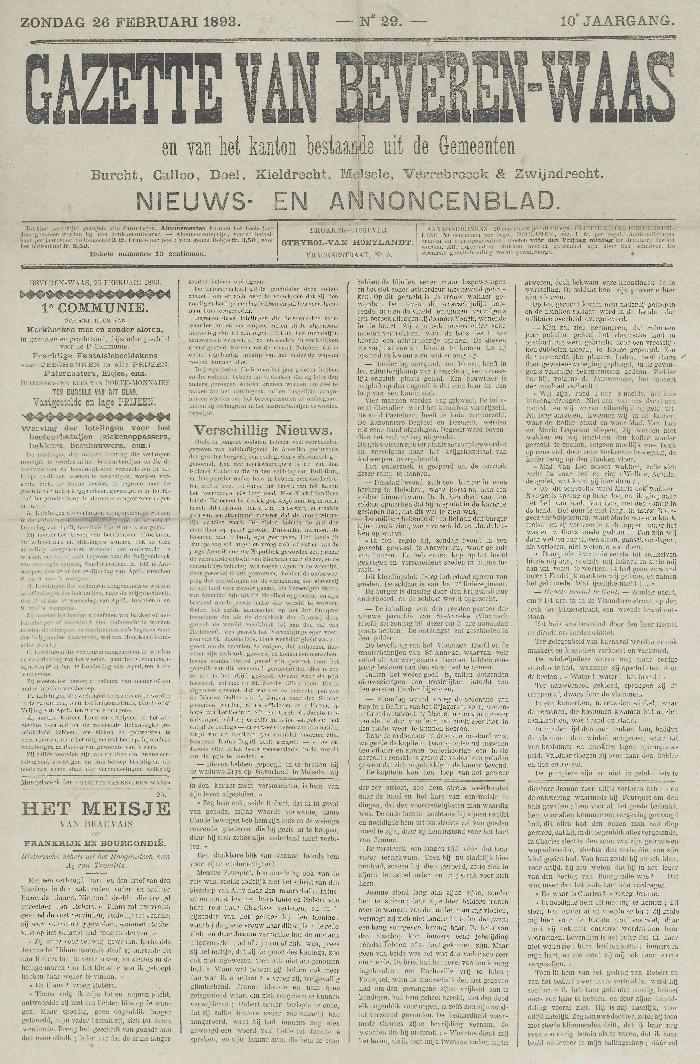 Gazette van Beveren-Waas 26/02/1893