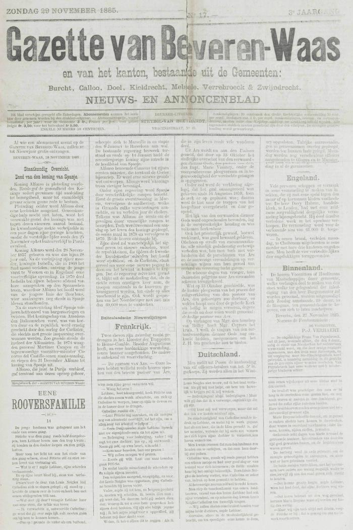 Gazette van Beveren-Waas 29/11/1885