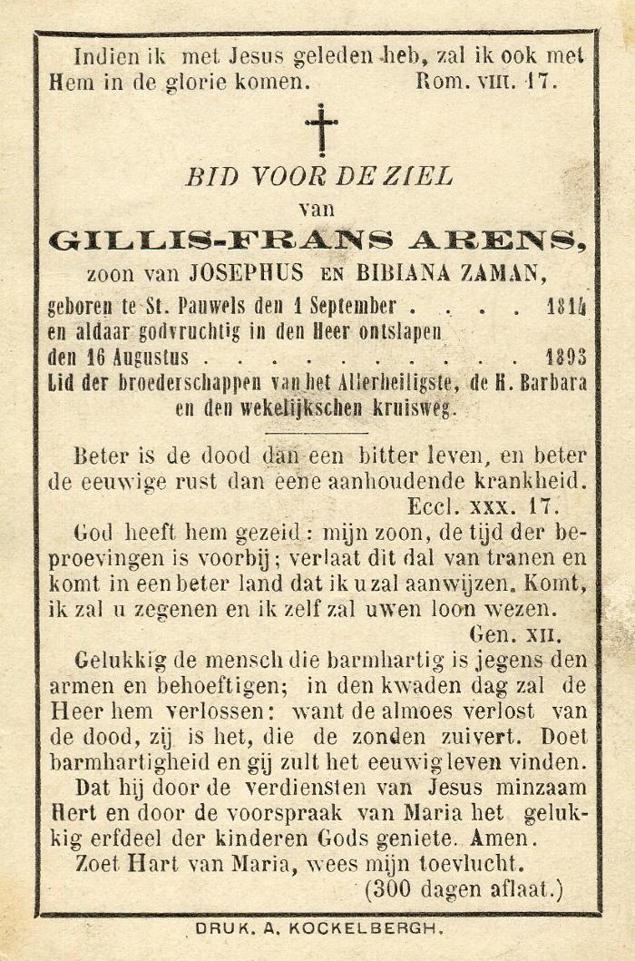 Bidprentje, Arens Gillis-Frans 1814-1893